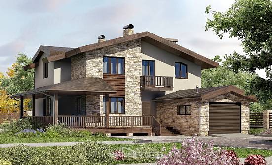 220-001-Л Проект двухэтажного дома с мансардой, гараж, классический загородный дом из твинблока Лакинск | Проекты домов от House Expert